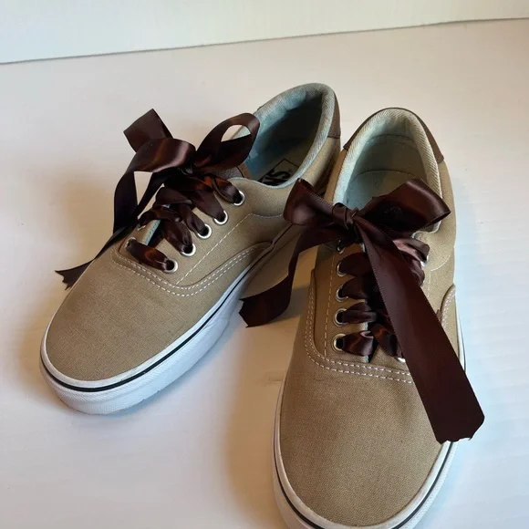 Vans Tan Brown Era Low Top Tan Canvas Brown With Brown Leather Sz 8 - Picture 2 of 11